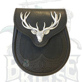 Black Saddle Leather Sporran with Pewter Stag Mount by BattleOfKilts